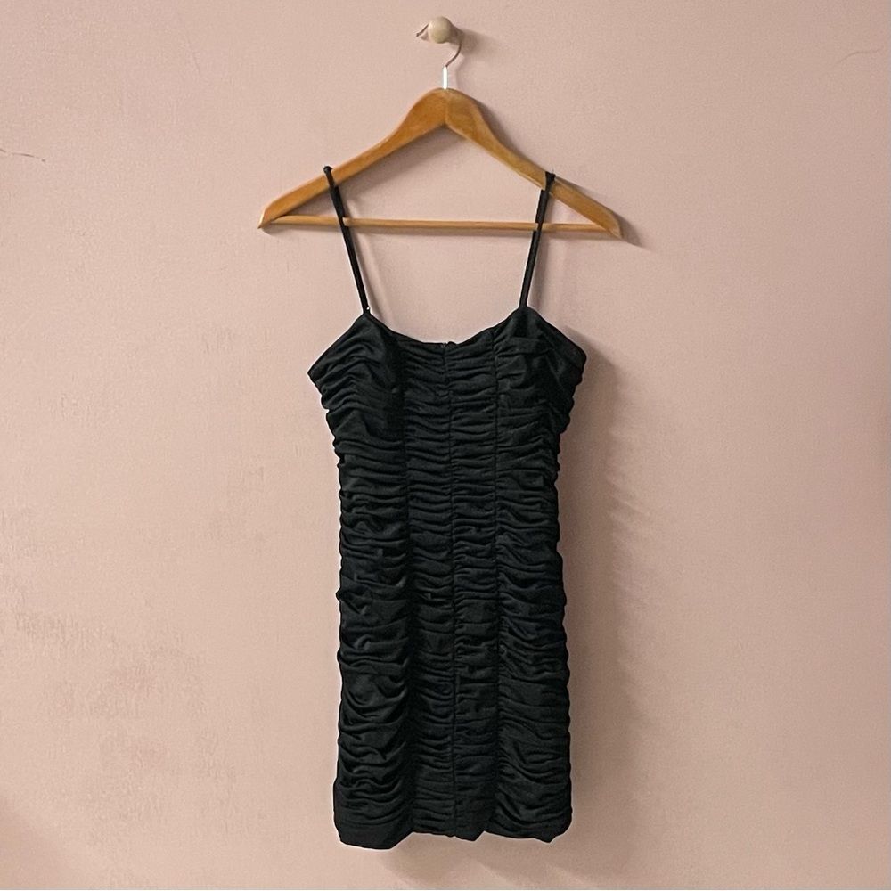 Vintage Forever 21 Y2K Black Shimmery Ruched BodyCon Mini Dress Size M EUC